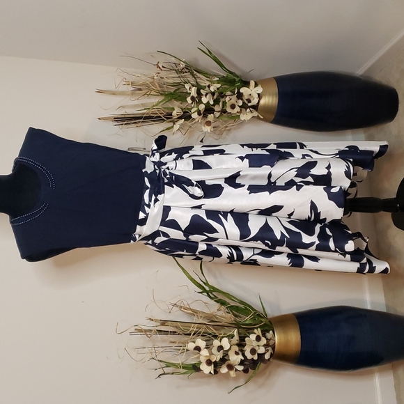 Ignite Evenings New York Dresses & Skirts - High-low navy blue and white dress, with two strands of navy blue pearls.